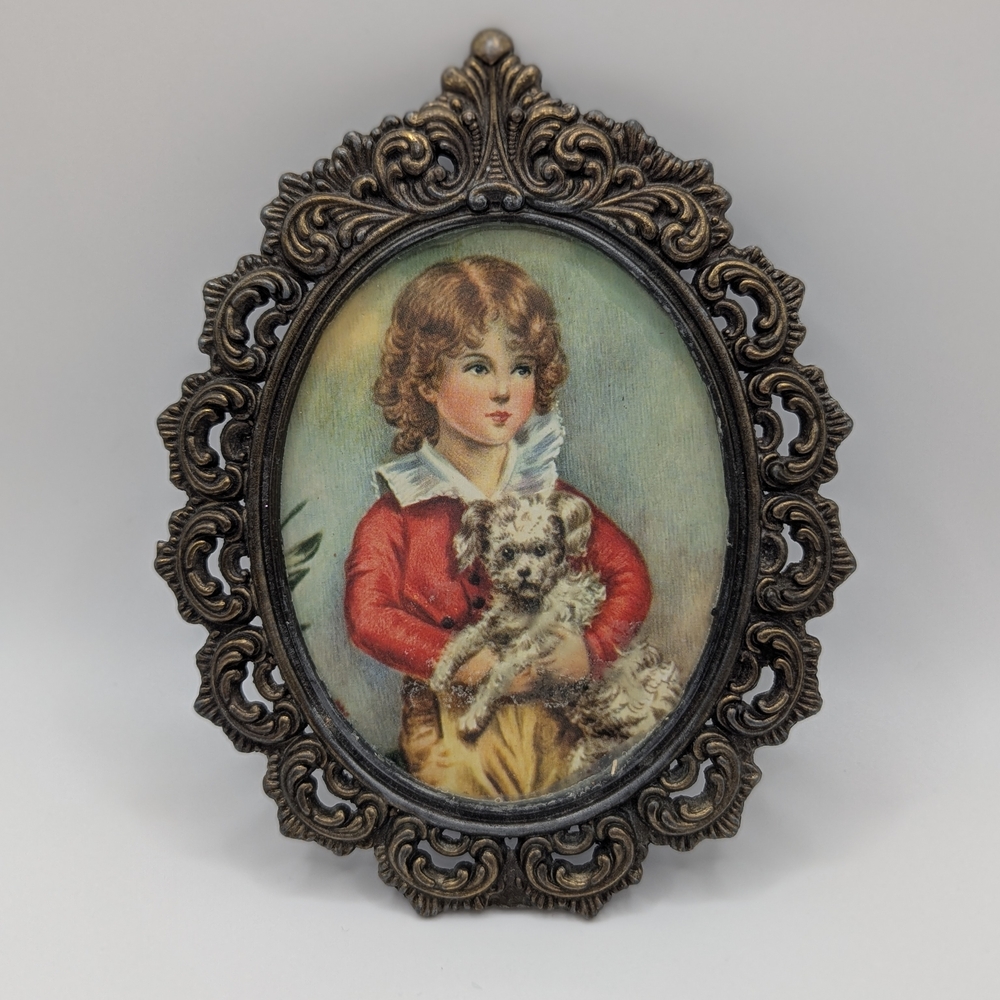 Master Simpson Oval Brass Ornate Picture Of Boy And Dog. Vintage- Made In Italy